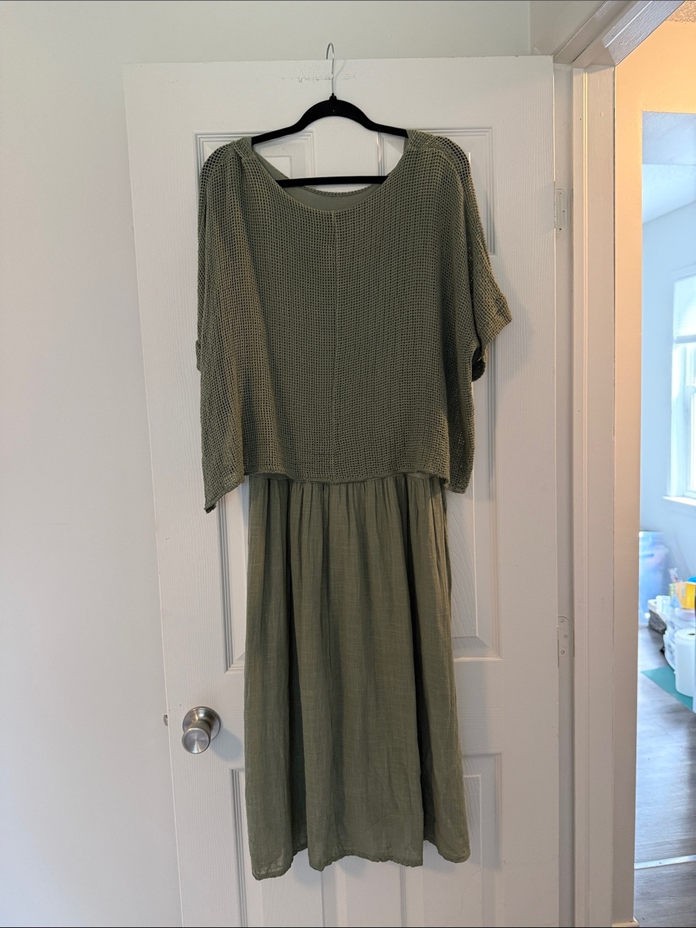 Olive Green Layered Knit Midi Dress